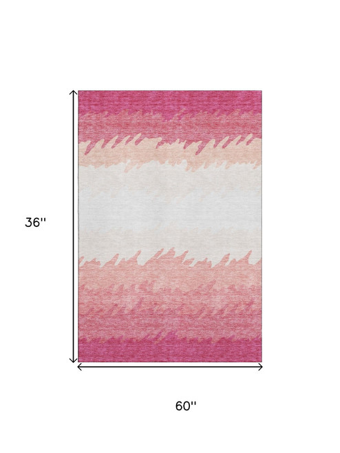 3' X 5' Blush And Ivory Striped Washable Area Rug With UV Protection