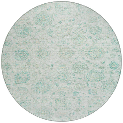 8' Turquoise And Beige Round Damask Washable Indoor Outdoor Area Rug