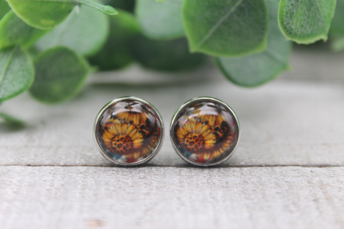 Leopard Sunflowers on American Flag  Glass Stud Earrings