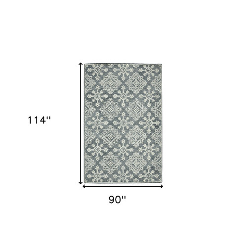 8' X 10' Dark Gray And Ivory Wool Oriental Hand Hooked Area Rug