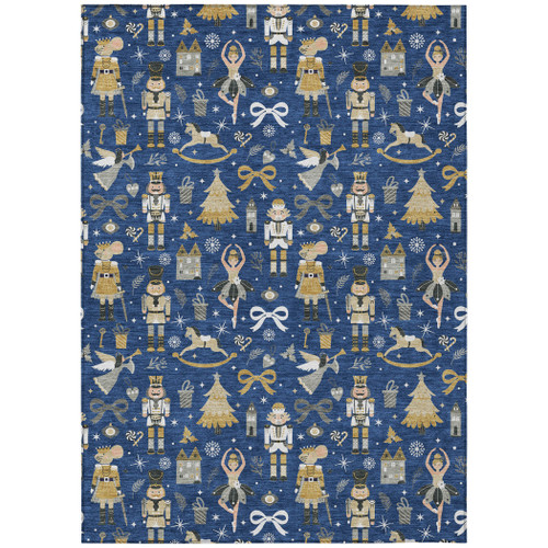 9' X 12' Navy Blue Gold Black And Gray Nutcracker Washable Indoor Outdoor Area Rug