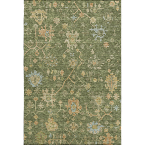 5' X 8' Fern Green Gold And Blue Floral Washable Area Rug With UV Protection
