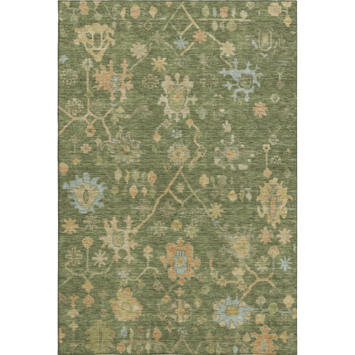 5' X 8' Fern Green Gold And Blue Floral Washable Area Rug With UV Protection