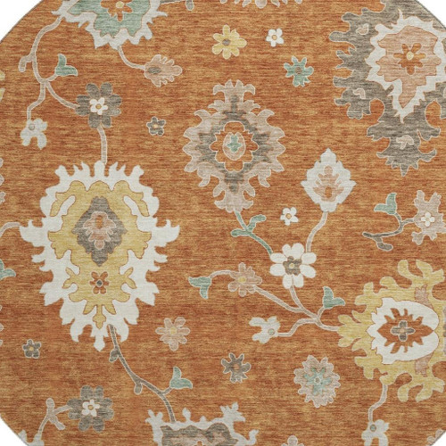 8' Rust Ivory And Gray Floral Medallion Washable Round Rug With UV Protection