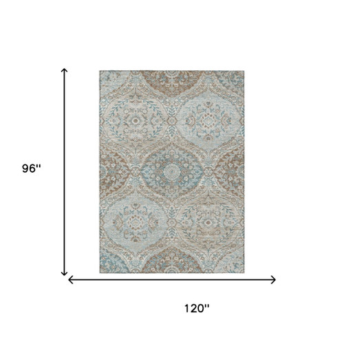 8' X 10' Ivory And Brown Ogee Washable Indoor Outdoor Area Rug