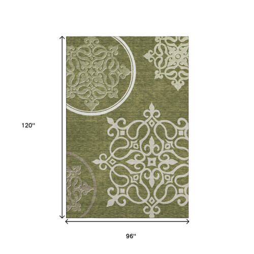 8' X 10' Olive Green Ivory And Beige Floral Medallion Washable Area Rug With UV Protection