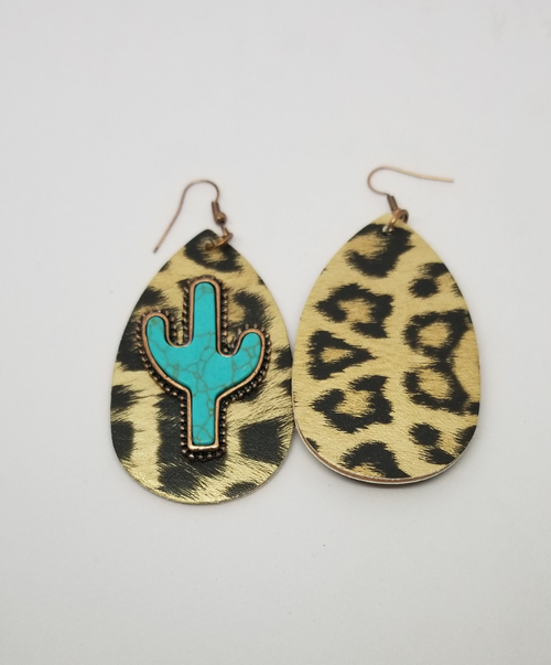Gold Leopard with Turquoise Cactus Double Sided Earrings