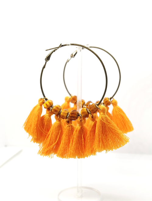 Pumpkin Crystal and Tassel Hoop Earrings