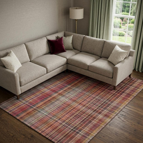9' X 12' Red Ivory And Gold Plaid Washable Area Rug With UV Protection