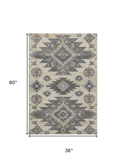 3' X 5' Beige Charcoal And Gray Tribal Washable Area Rug With UV Protection
