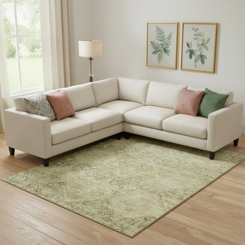 9' X 12' Fern Green And Olive Green Geometric Washable Area Rug With UV Protection