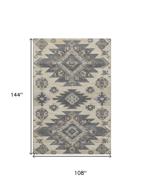 9' X 12' Beige Charcoal And Gray Tribal Washable Area Rug With UV Protection