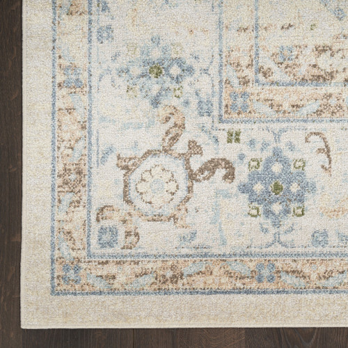 8' Ivory Blue And Brown Geometric Runner Rug