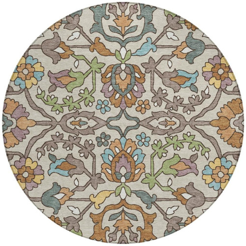 8' Beige And Orange Round Floral Washable Indoor Outdoor Area Rug