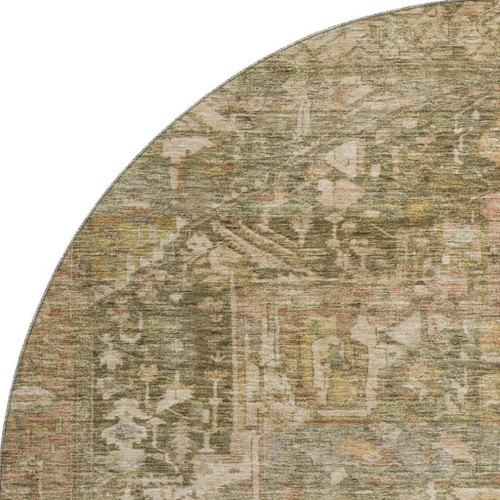 8' X 8' Fern Green Wheat And Copper Oriental Washable Round Rug With UV Protection