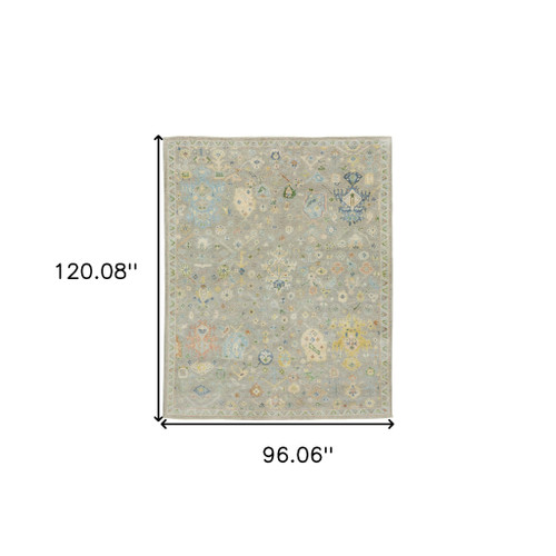 8' X 10' Gray Sky Blue And Yellow Wool Oriental Hand Knotted Area Rug With Fringe
