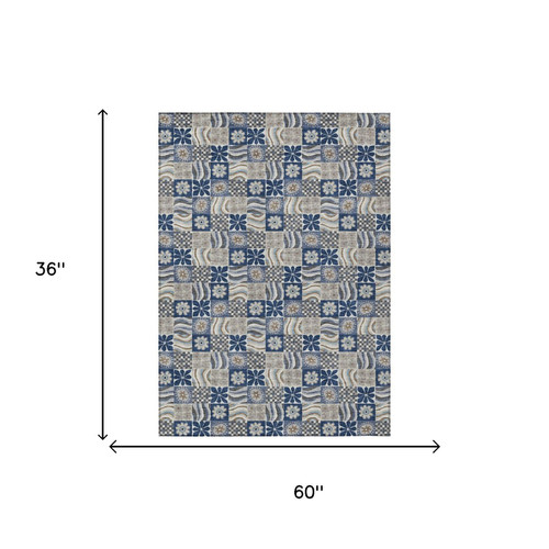 3' X 5' Navy Blue And Blue Floral Washable Indoor Outdoor Area Rug