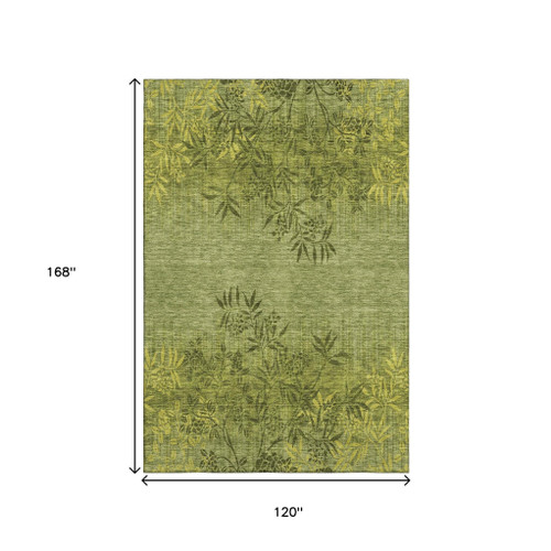 10' X 14' Olive Green And Gold Floral Washable Area Rug With UV Protection