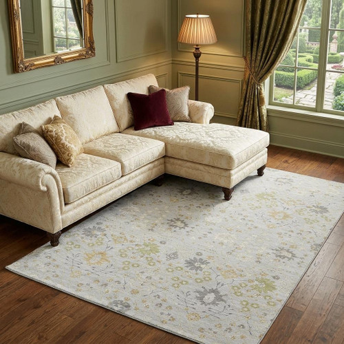 9' X 12' Silver Gold And Gray Oriental Washable Area Rug With UV Protection