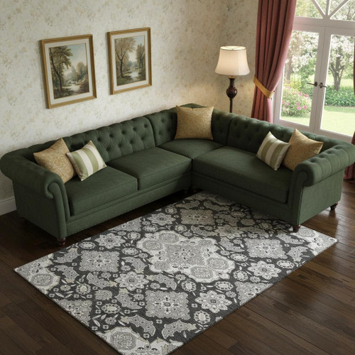 10' X 14' Charcoal And Gray Floral Medallion Washable Area Rug With UV Protection