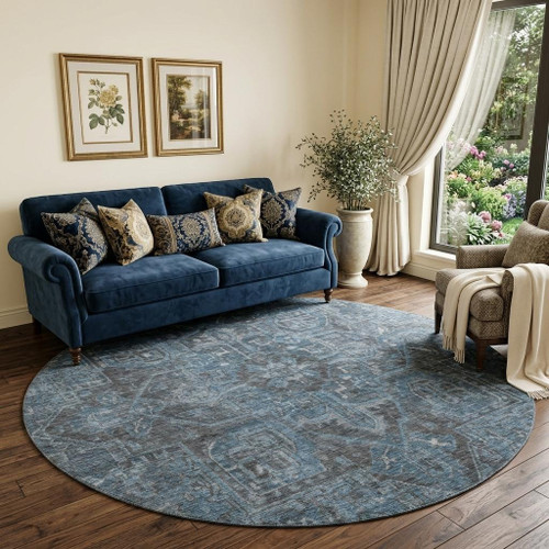 8' Navy Blue And Gray Medallion Distressed Washable Round Rug With UV Protection