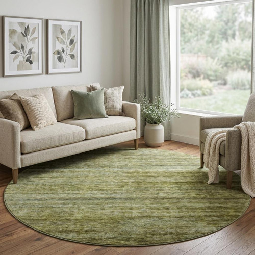 8' Olive Green And Gray Striped Washable Round Rug With UV Protection