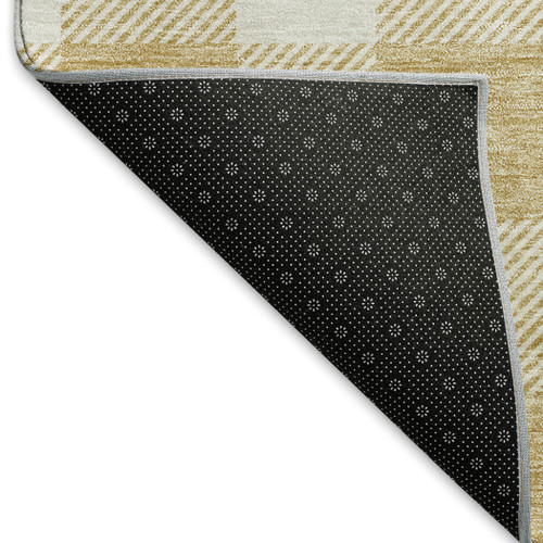 8' Gold And Ivory Plaid Washable Round Rug With UV Protection