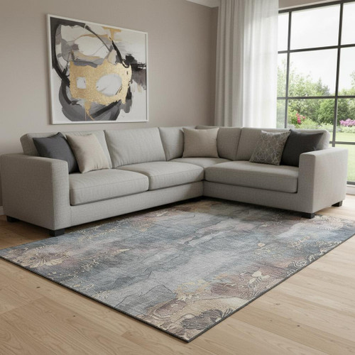8' X 10' Gray And Beige Floral Washable Area Rug With UV Protection