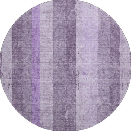 8' Purple And Ivory Striped Washable Round Rug With UV Protection