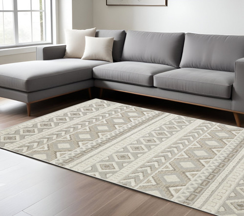 10' X 13' Gray And Beige Tribal Area Rug