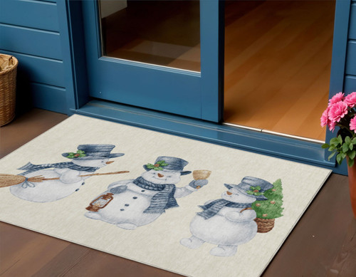3' X 5' Ivory And Denim Blue Snowmen Washable Indoor Outdoor Area Rug