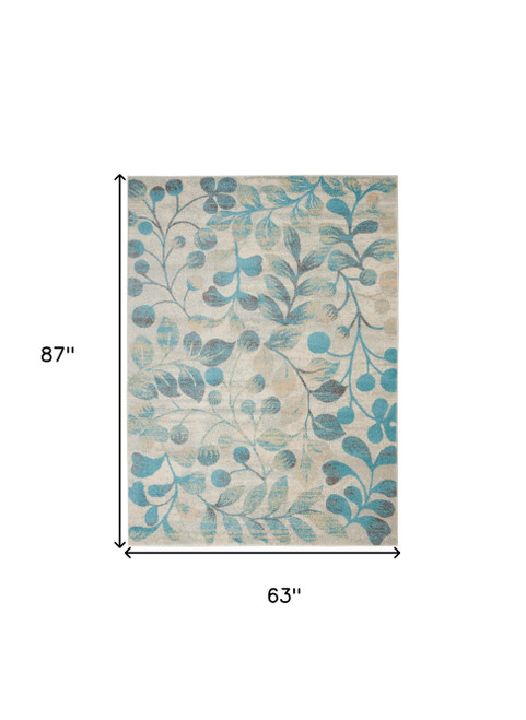 5' X 7' Ivory And Turquoise Botanical Leaves Area Rug