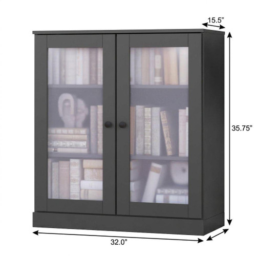 36" Gray Solid Wood Adjustable Three Tier Library Bookcase with Two Doors