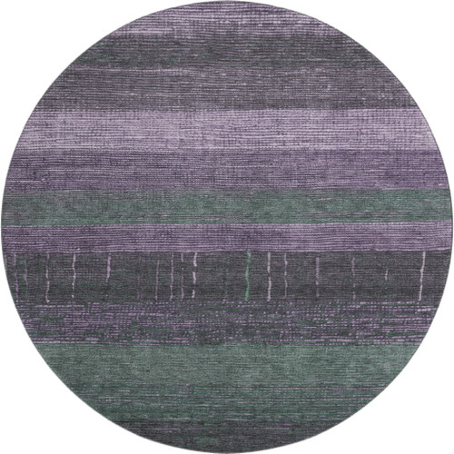 8' X 8' Purple And Olive Green Striped Washable Round Rug With UV Protection