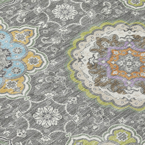 5' X 8' Gray And Brown Floral Medallion Washable Indoor Outdoor Area Rug