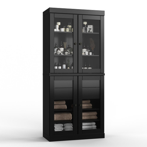 32" Black Solid Wood Glass Panel Inlay Double Door Linen Cabinet