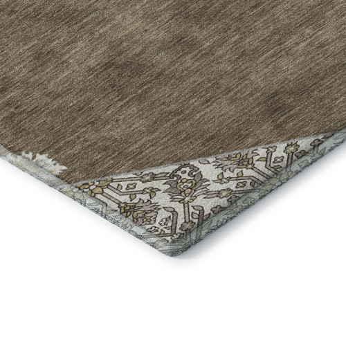 8' Brown Beige And Gray Oriental Washable Round Rug With UV Protection