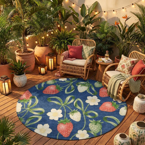 8' Navy Blue And Blue Round Floral Washable Indoor Outdoor Area Rug