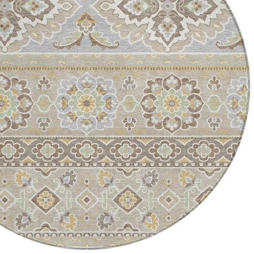 8' Beige And Ivory Round Tribal Washable Indoor Outdoor Area Rug