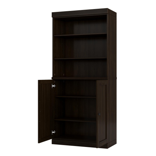 72" Espresso Solid Wood Adjustable Six Tier Library Bookcase with Two Doors