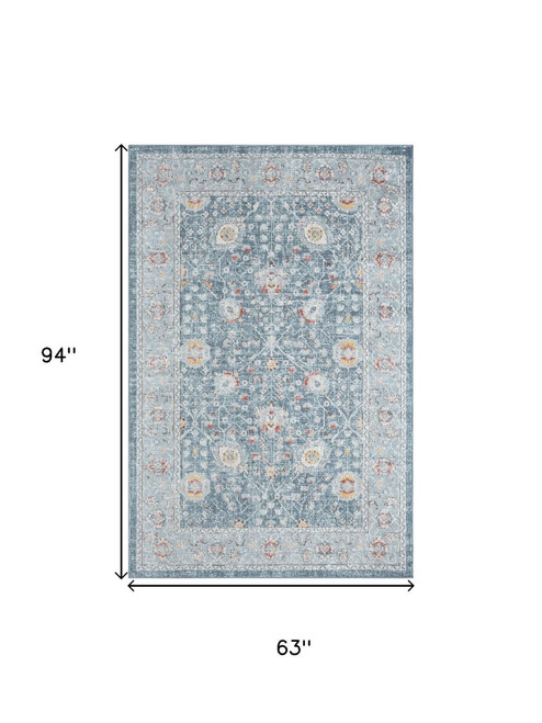 5' X 8' Blue And Sky Blue Floral Distressed Area Rug