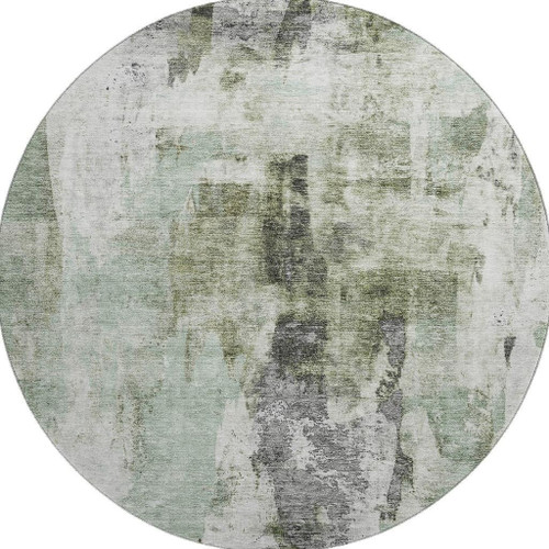 8' Mint Green Ivory And Gray Abstract Washable Round Rug With UV Protection