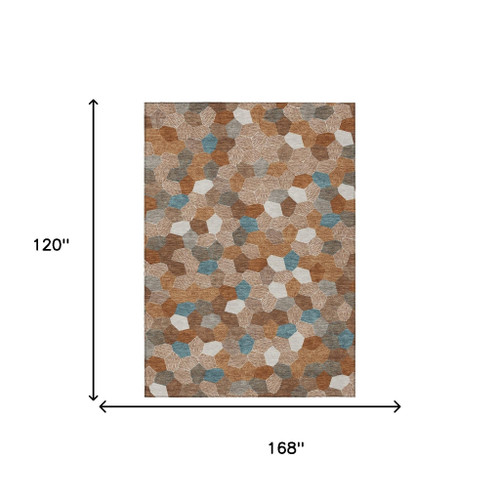 10' X 14' Orange And Ivory Geometric Washable Indoor Outdoor Area Rug