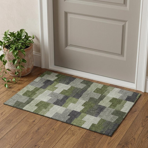 3' X 5' Olive Green Gray And Ivory Geometric Washable Area Rug With UV Protection