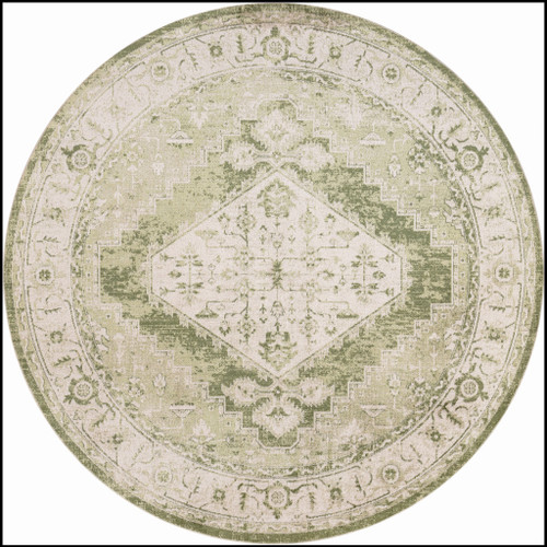 8' Beige And Green Floral Medallion Distressed Round Rug