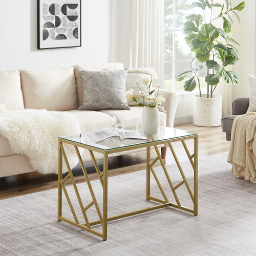 32" Gold And Glass Rectangular Abstract Coffee Table