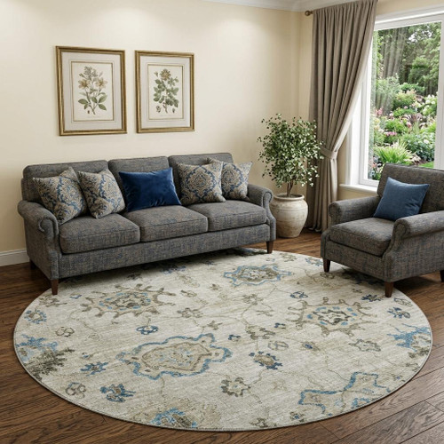 8' Blue Ivory And Gray Floral Medallion Distressed Washable Round Rug With UV Protection