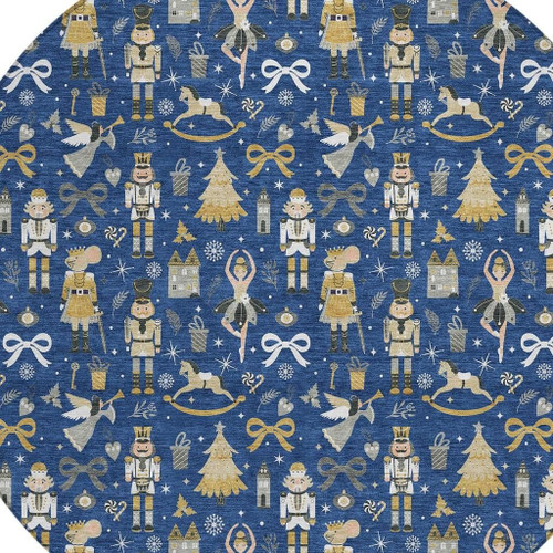 8' Navy Blue Gold Black And Gray Round Nutcracker Washable Indoor Outdoor Area Rug