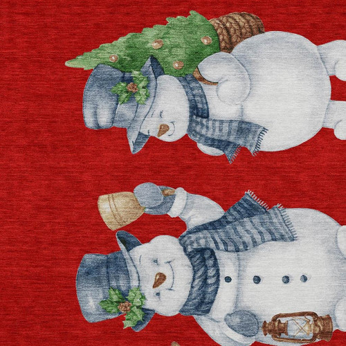9' X 12' Red Denim Blue And Ivory Snowmen Washable Indoor Outdoor Area Rug