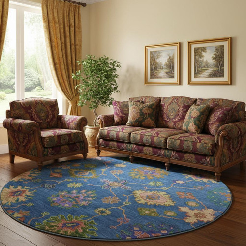 8' Blue And Green Oriental Washable Round Rug With UV Protection